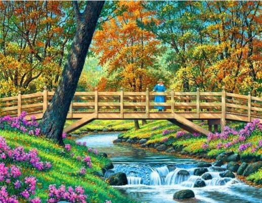 Wooden Bridge Forest Landscape Painting by numbers