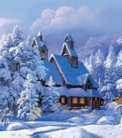 Snowy Cabin in the Woods Paint By Numbers
