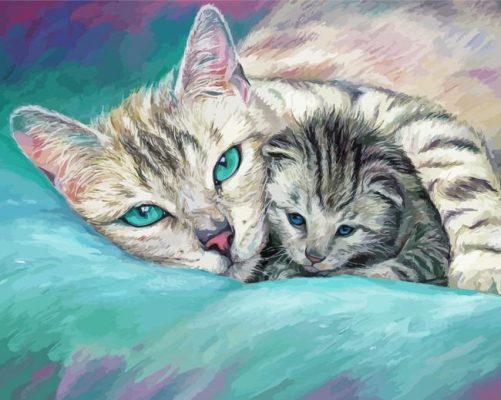 Cute Cat And Kitten Snuggling Paint By Numbers