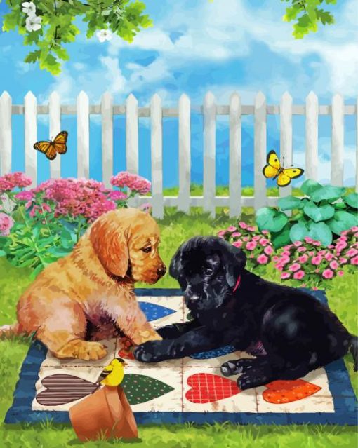 Dogs In Garden Playing Paint By Numbers