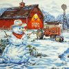Winter Snowman On A Red Farm Barn Paint By Numbers