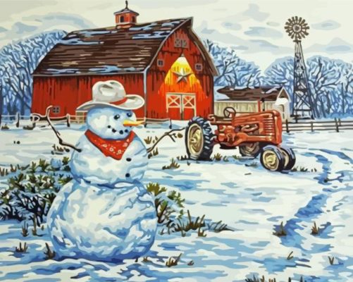 Winter Snowman On A Red Farm Barn Paint By Numbers