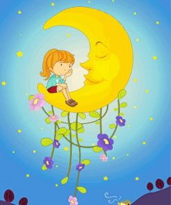 Young Girl Looking At Moon Cartoon Paint By Numbers