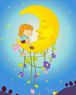 Young Girl Looking At Moon Cartoon Paint By Numbers