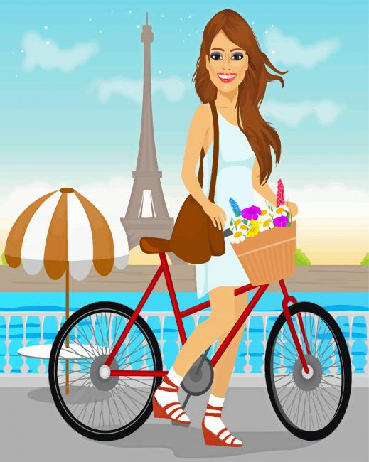 Woman Riding A Bike With A Flowers Basket Paint By Numbers
