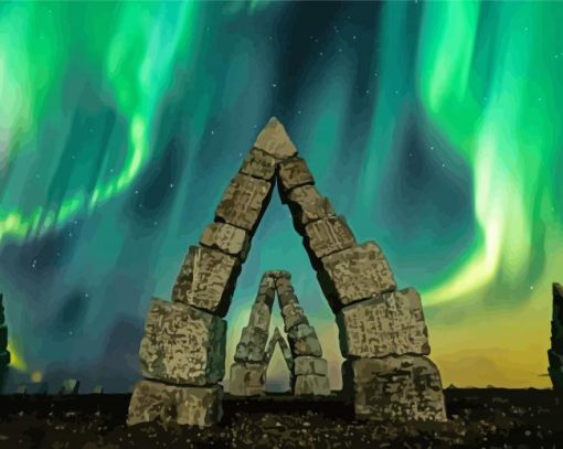 Arctic Henge With Green Aurora Light Paint By Numbers