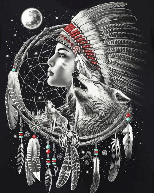 Black And White Native American Dream Catcher Paint By Numbers