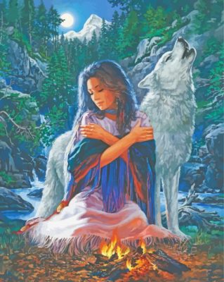 Native Indian Woman And Wolf Paint By Numbers