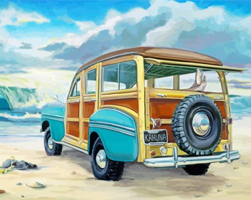 Vintage Woodie On Beach Paint By Numbers