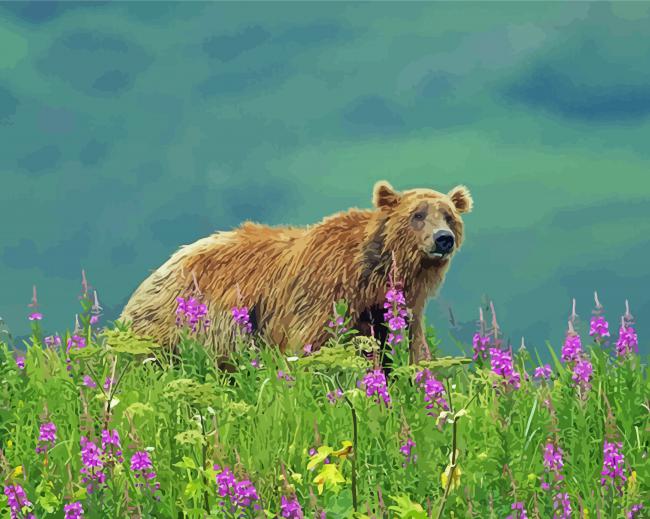 Aesthetic Bear In Flowers Field Paint By Numbers