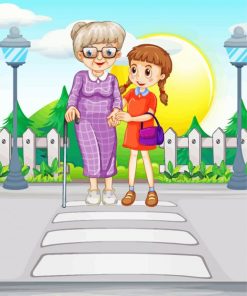 Girl Helping Old Woman Crossing The Road Paint By Numbers
