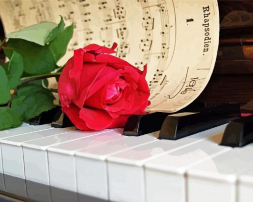 Piano With Pink Rose Flower Paint By Numbers