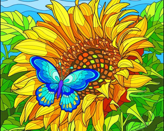 Blue Butterfly On Sunflower Art Paint By Numbers