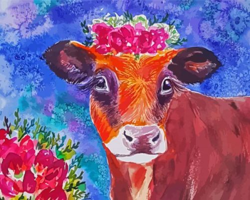 Brown Cow Wearing Flower Crown Paint By Numbers