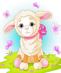 Cute Lamb In Pink Ribbon Paint By Numbers