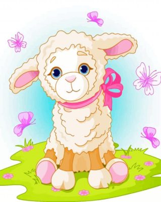 Cute Lamb In Pink Ribbon Paint By Numbers