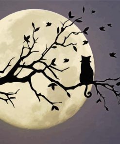 Moonlight Cat On Branch Of Tree Paint By Numbers