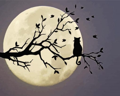 Moonlight Cat On Branch Of Tree Paint By Numbers