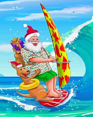 Surfing Santa With Kangaroo Paint By Numbers