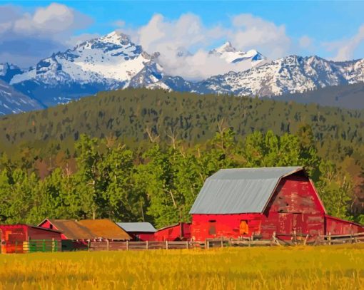 Cool Montana Mountains With Barn Paint By Numbers