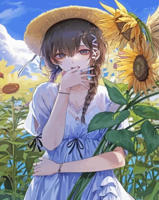 Cute Anime Girl In Sunflower Field Paint By Numbers