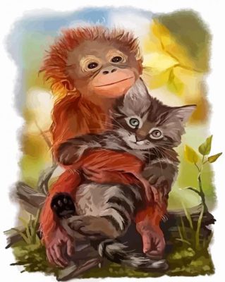 Monkey With Cat Hugging Paint By Numbers