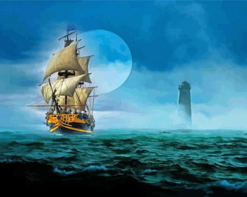 Moonlight Ship And Lighthouse Paint By Numbers