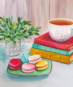 Vintage Books With Tea Cup And Macarons Paint By Numbers