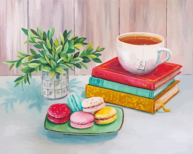 Vintage Books With Tea Cup And Macarons Paint By Numbers