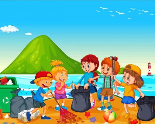 Beach Scene With A Group Children Cleaning Paint By Numbers