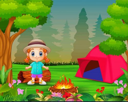 Cartoon A Little Girl Camping In A Forest Paint By Numbers