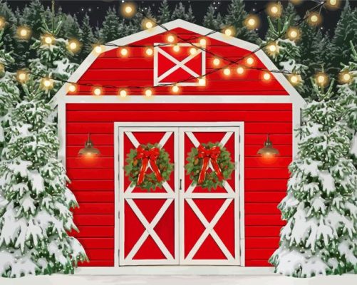 Christmas Red Barn In Winter Paint By Numbers