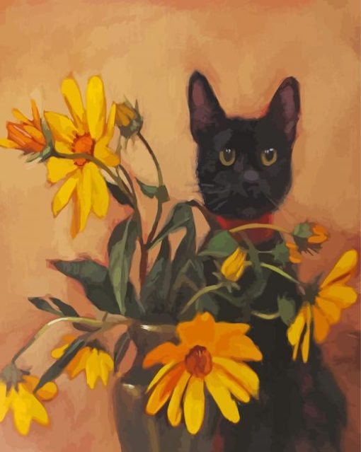 Cute Black Kitten And Yellow Flowers Paint By Numbers