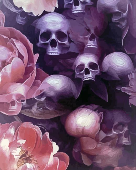 Skulls And Pink Flowers Paint By Numbers