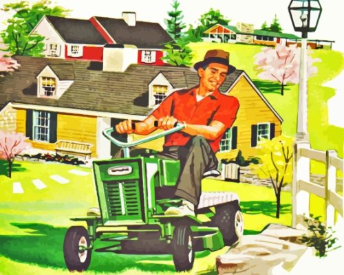 Vintage Man Mowing Grass Paint By Numbers