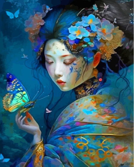 Asian Lady And Butterflies Paint By Numbers